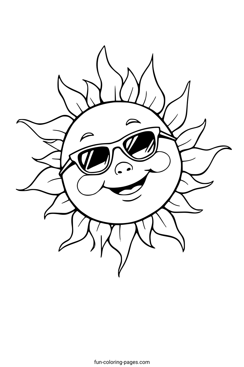 Smiling Sun With Sunglasses – free printable coloring page, available as PDF and SVG