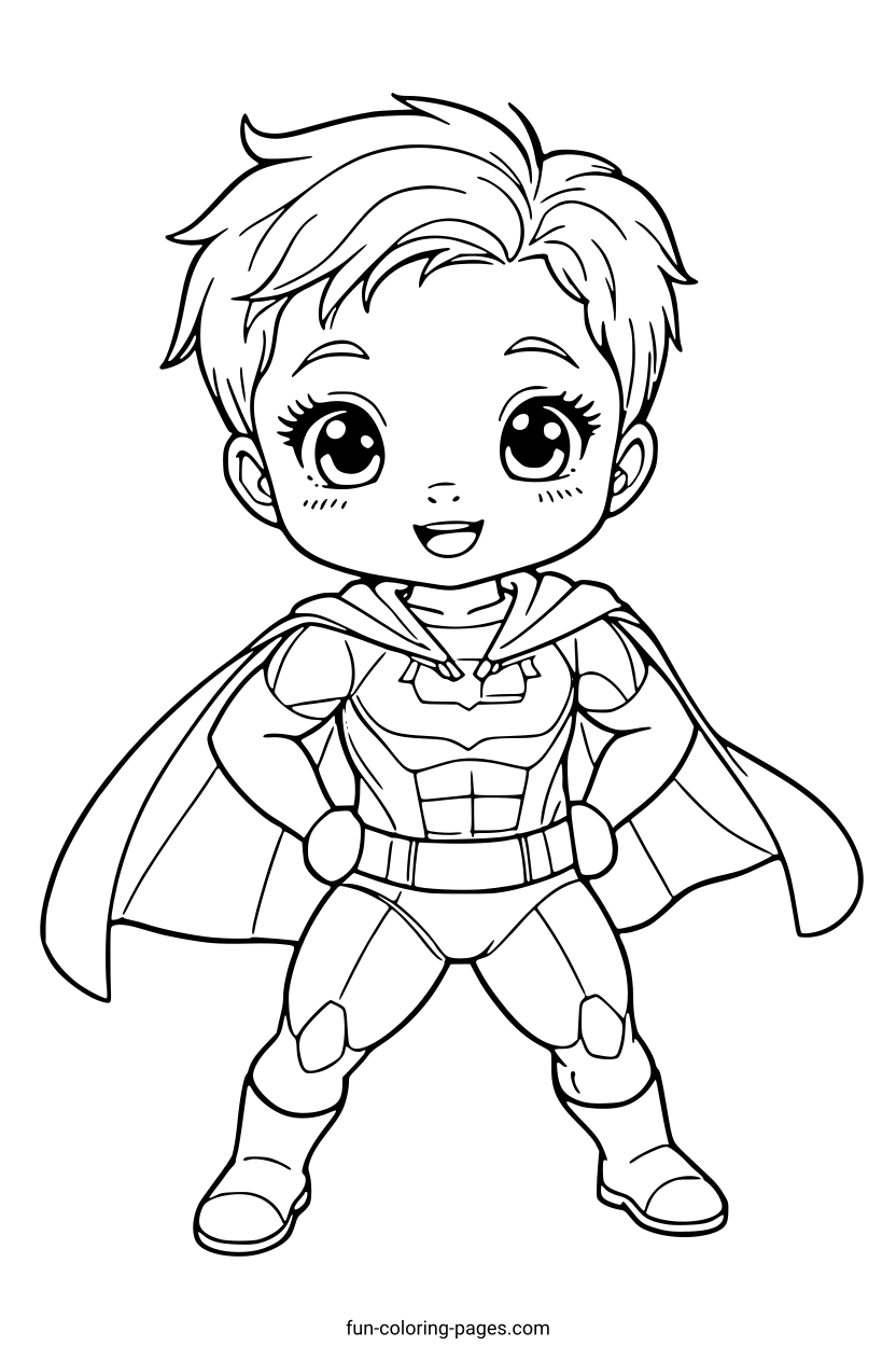 Smiling Superhero Kid – free printable coloring page, available as PDF and SVG