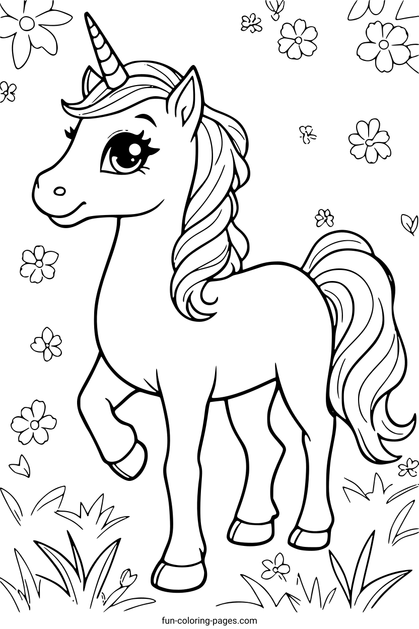Smiling Unicorn in the Meadow – free printable coloring page, available as PDF and SVG