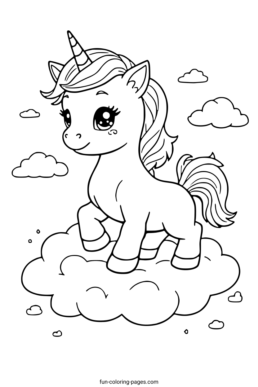 Smiling Unicorn on a Cloud – free printable coloring page, available as PDF and SVG