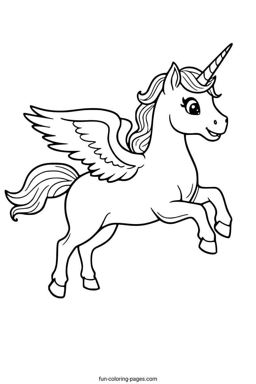 Smiling Winged Unicorn – free printable coloring page, available as PDF and SVG