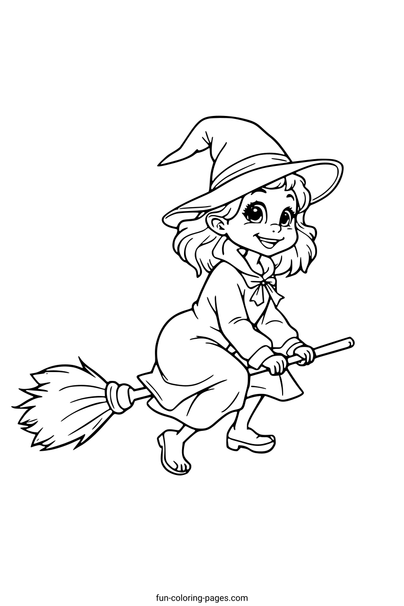 Smiling Witch on Broomstick – free printable coloring page, available as PDF and SVG