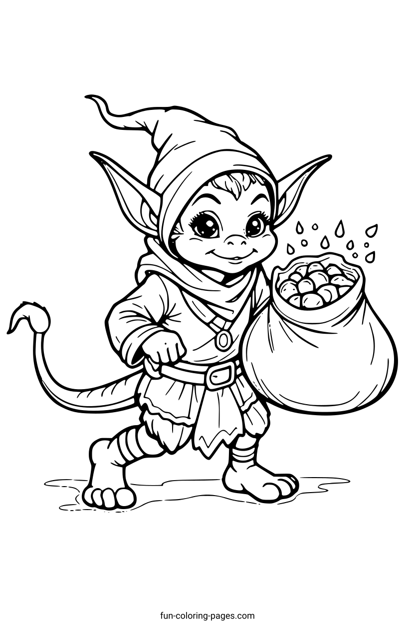 Sneaky Goblin with Sack of Loot – free printable coloring page, available as PDF and SVG