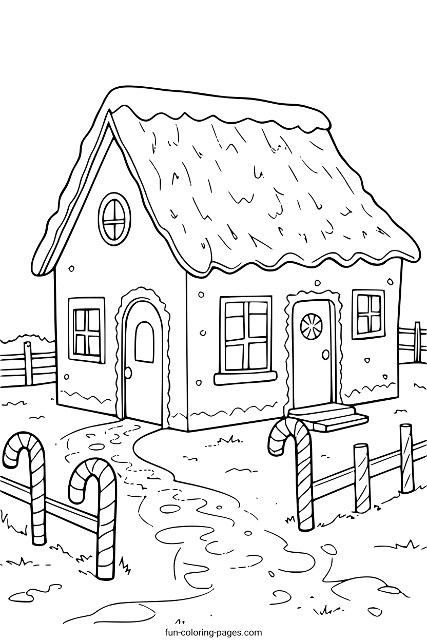 Snowy Cottage with Candies – free printable coloring page, available as PDF and SVG