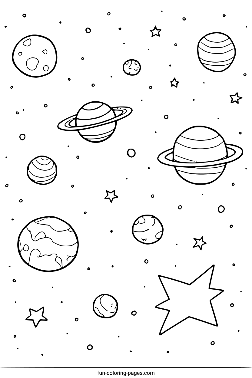 Solar System Planets And Stars – free printable coloring page, available as PDF and SVG