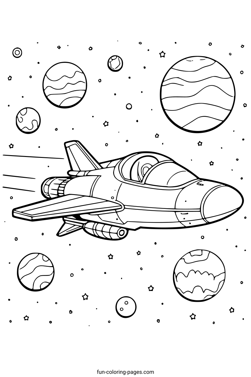 Space Adventure with Planets and Rocket – free printable coloring page, available as PDF and SVG
