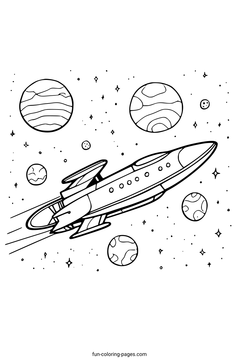 Space Adventure with Planets – free printable coloring page, available as PDF and SVG