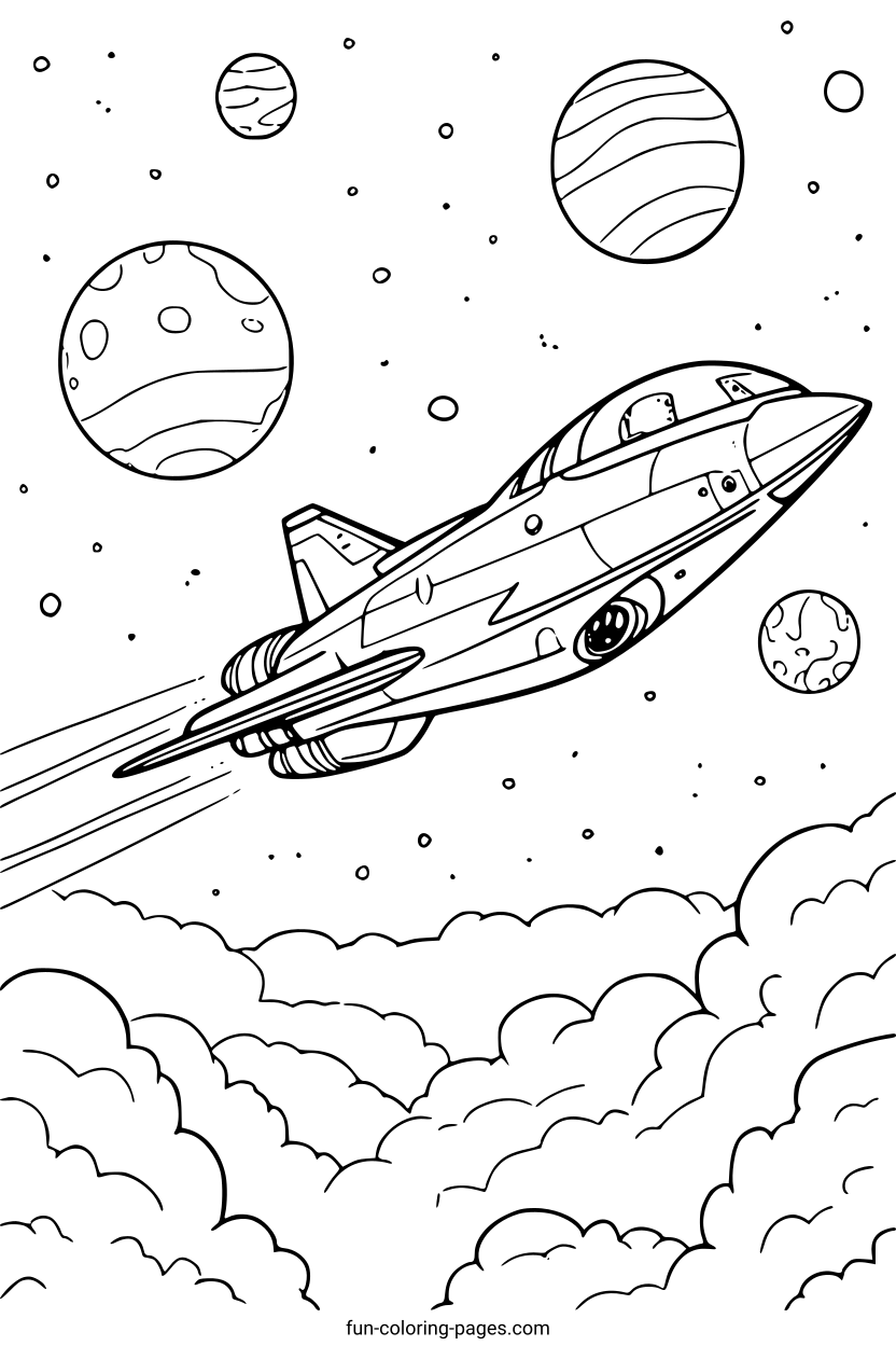 Spaceship Through Planets and Clouds – free printable coloring page, available as PDF and SVG