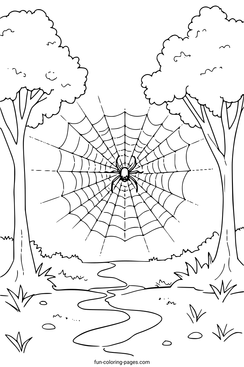 Spider in Forest Web – free printable coloring page, available as PDF and SVG