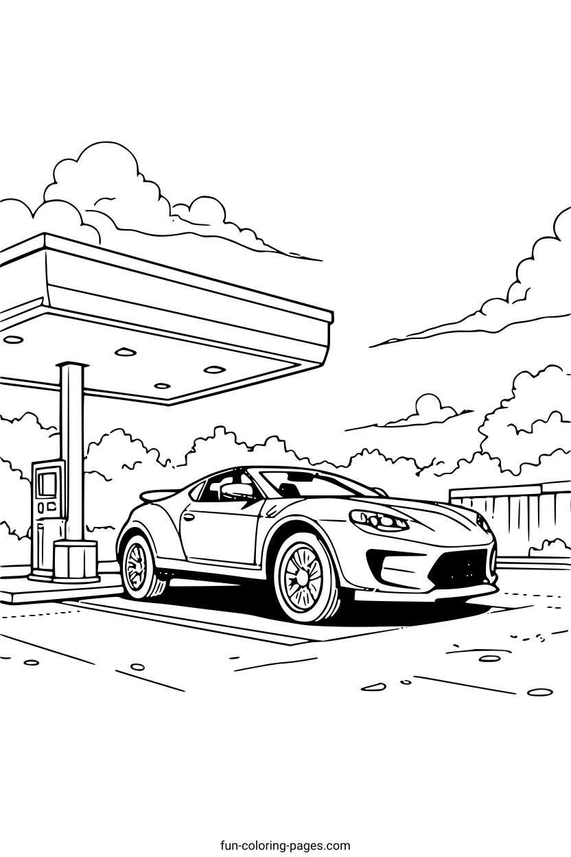 Sports Car at Gas Station – free printable coloring page, available as PDF and SVG