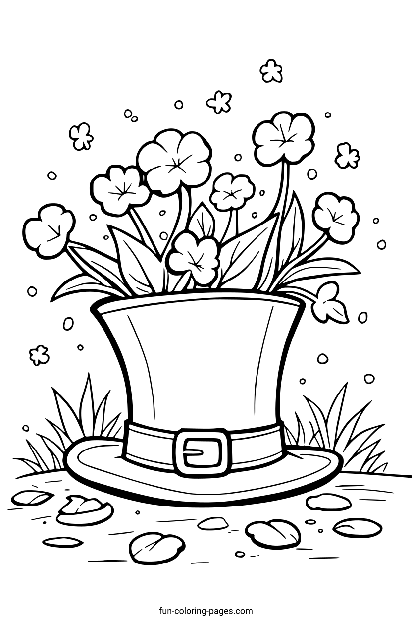 St Patrick's Day Hat with Flowers – free printable coloring page, available as PDF and SVG