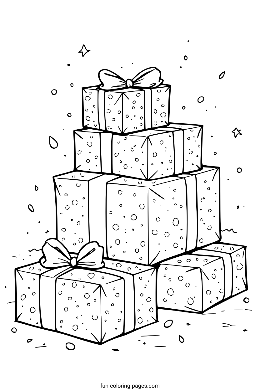 Stacked Gift Boxes with Bows – free printable coloring page, available as PDF and SVG