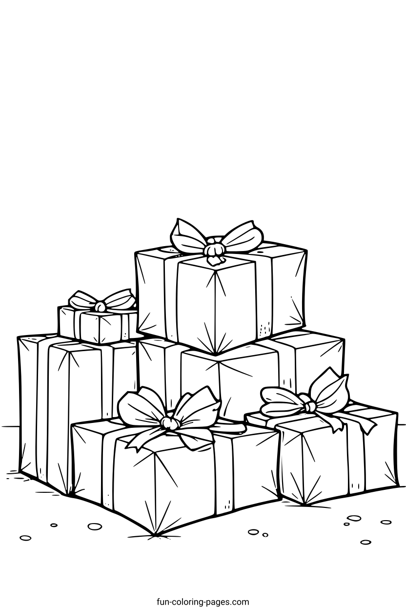 Stacked Gift Boxes with Ribbons – free printable coloring page, available as PDF and SVG