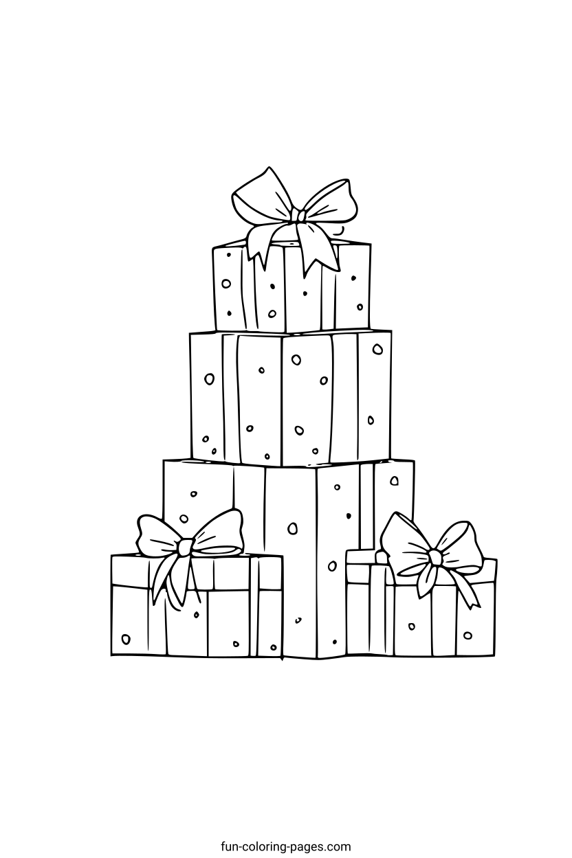 Stacked Gift Boxes with Ribbons – free printable coloring page, available as PDF and SVG