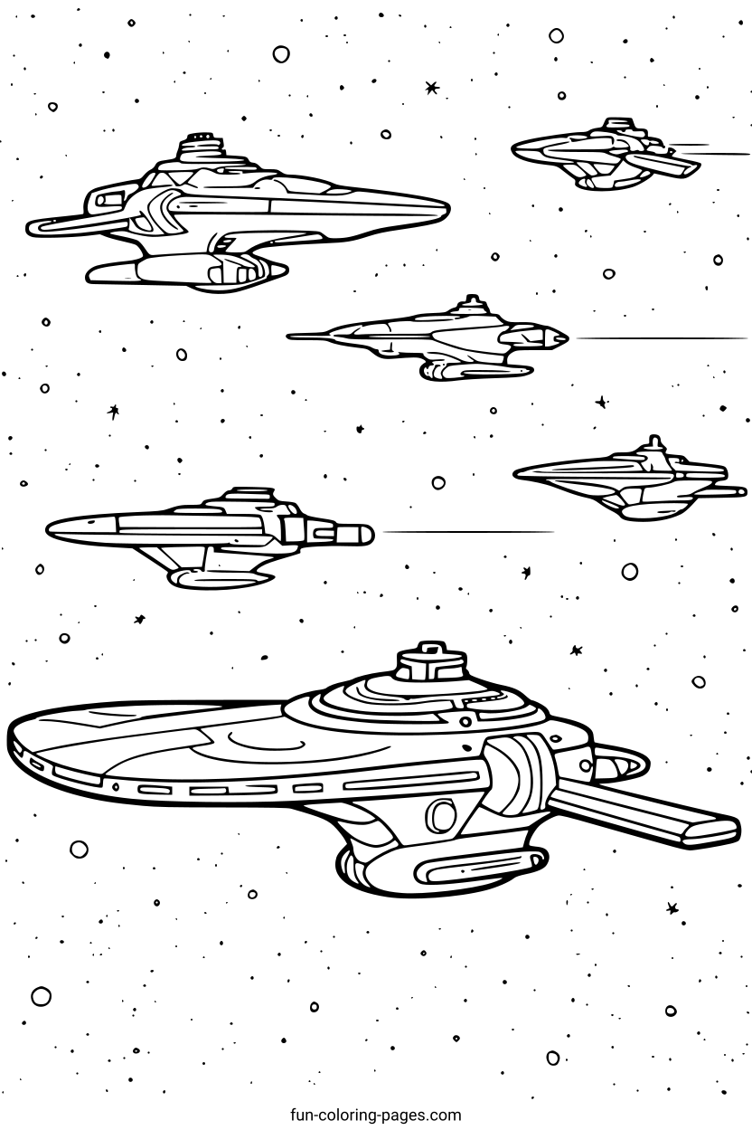 Starship Fleet in Space – free printable coloring page, available as PDF and SVG