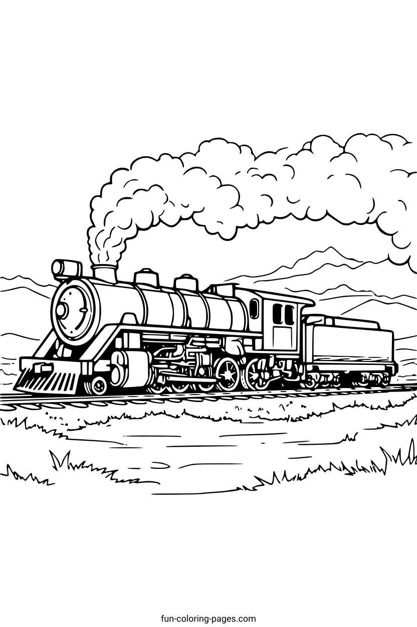 Steam Train in Mountain Landscape – free printable coloring page, available as PDF and SVG