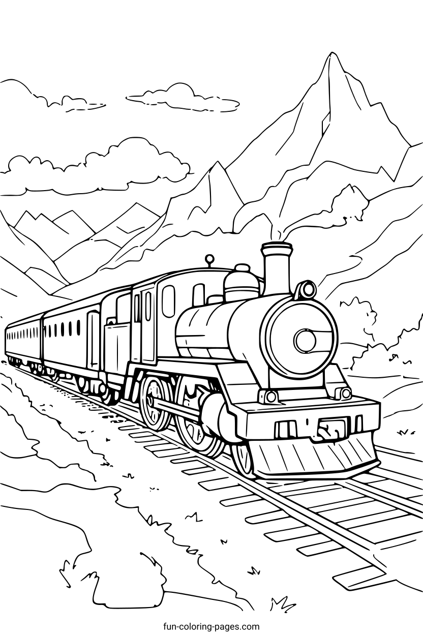Steam Train in Mountain Landscape – free printable coloring page, available as PDF and SVG