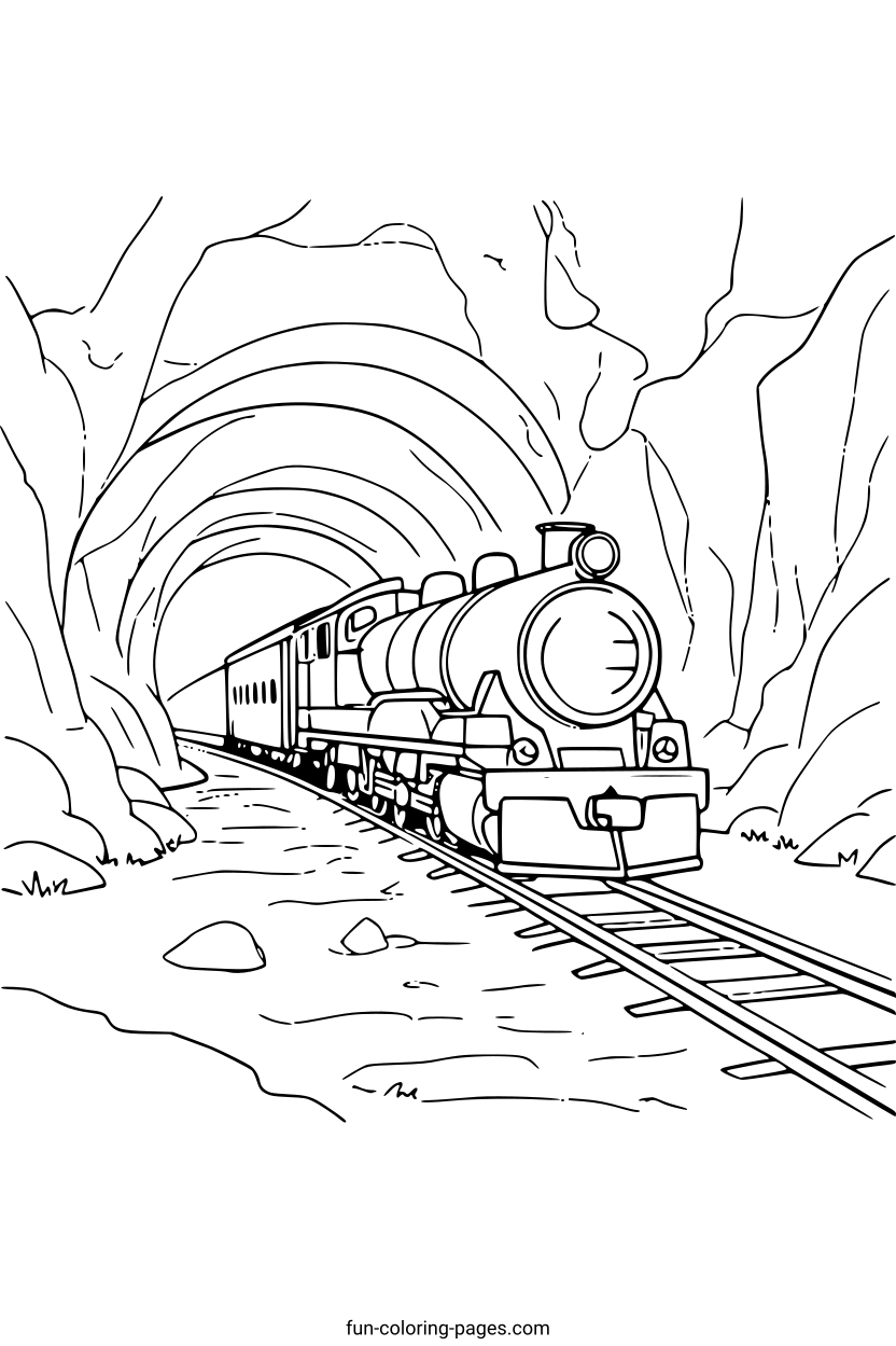 Steam Train in Mountain Tunnel – free printable coloring page, available as PDF and SVG