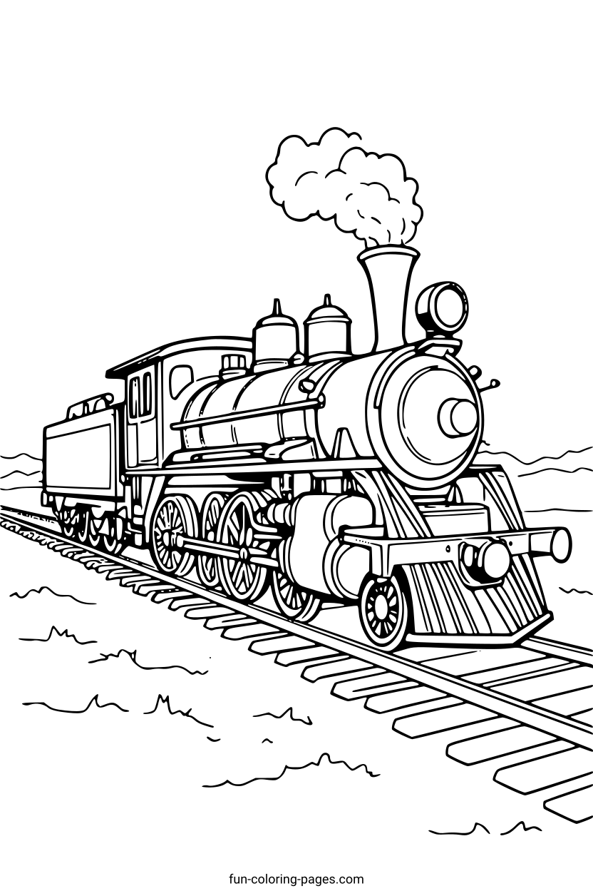 Steam Train on Railway – free printable coloring page, available as PDF and SVG