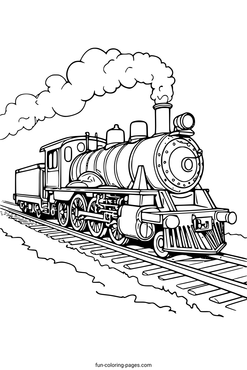 Steam Train on Railway Tracks – free printable coloring page, available as PDF and SVG