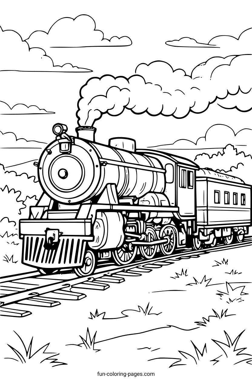 Steamboat Train in Rural Landscape – free printable coloring page, available as PDF and SVG