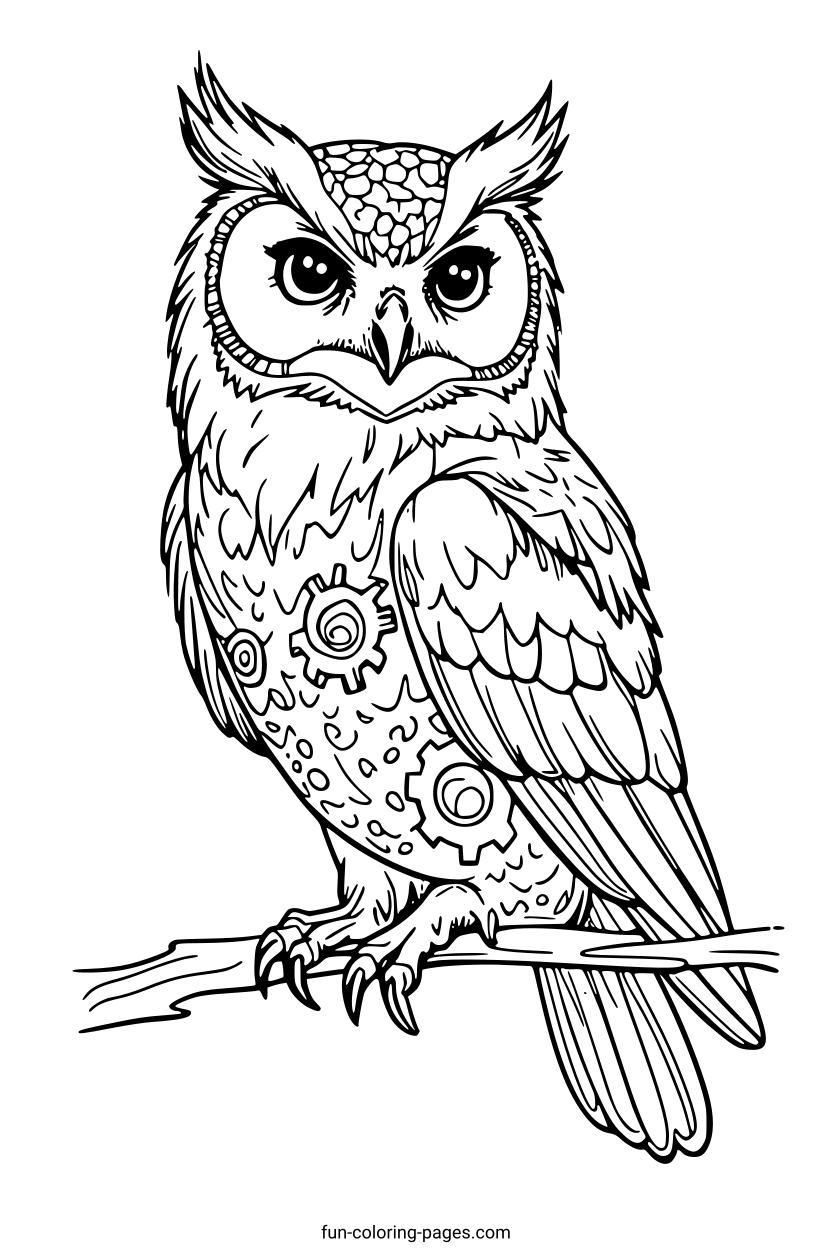 Steampunk Owl on a Branch – free printable coloring page, available as PDF and SVG