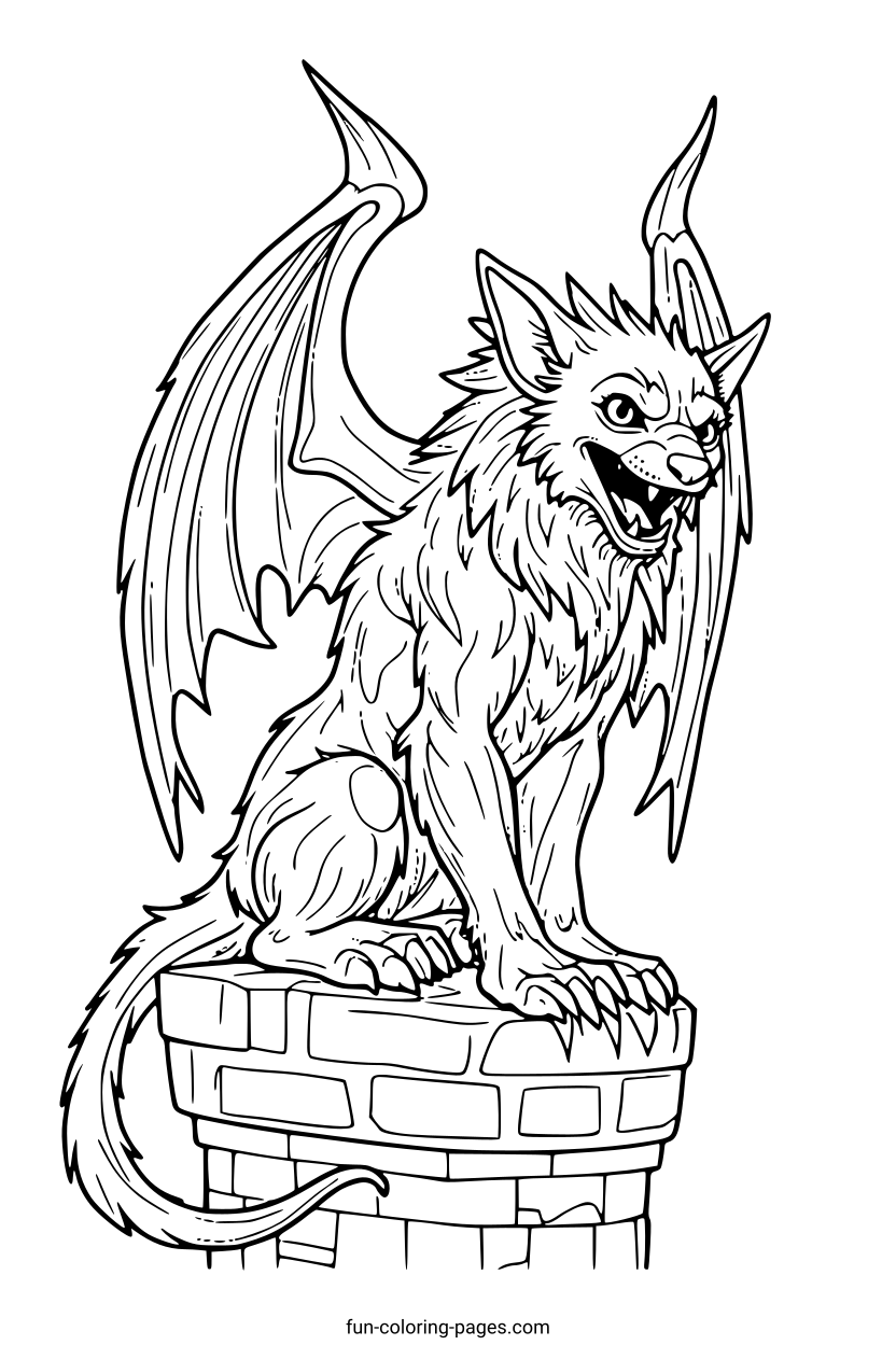 Stone Gargoyle on Castle Ledge – free printable coloring page, available as PDF and SVG