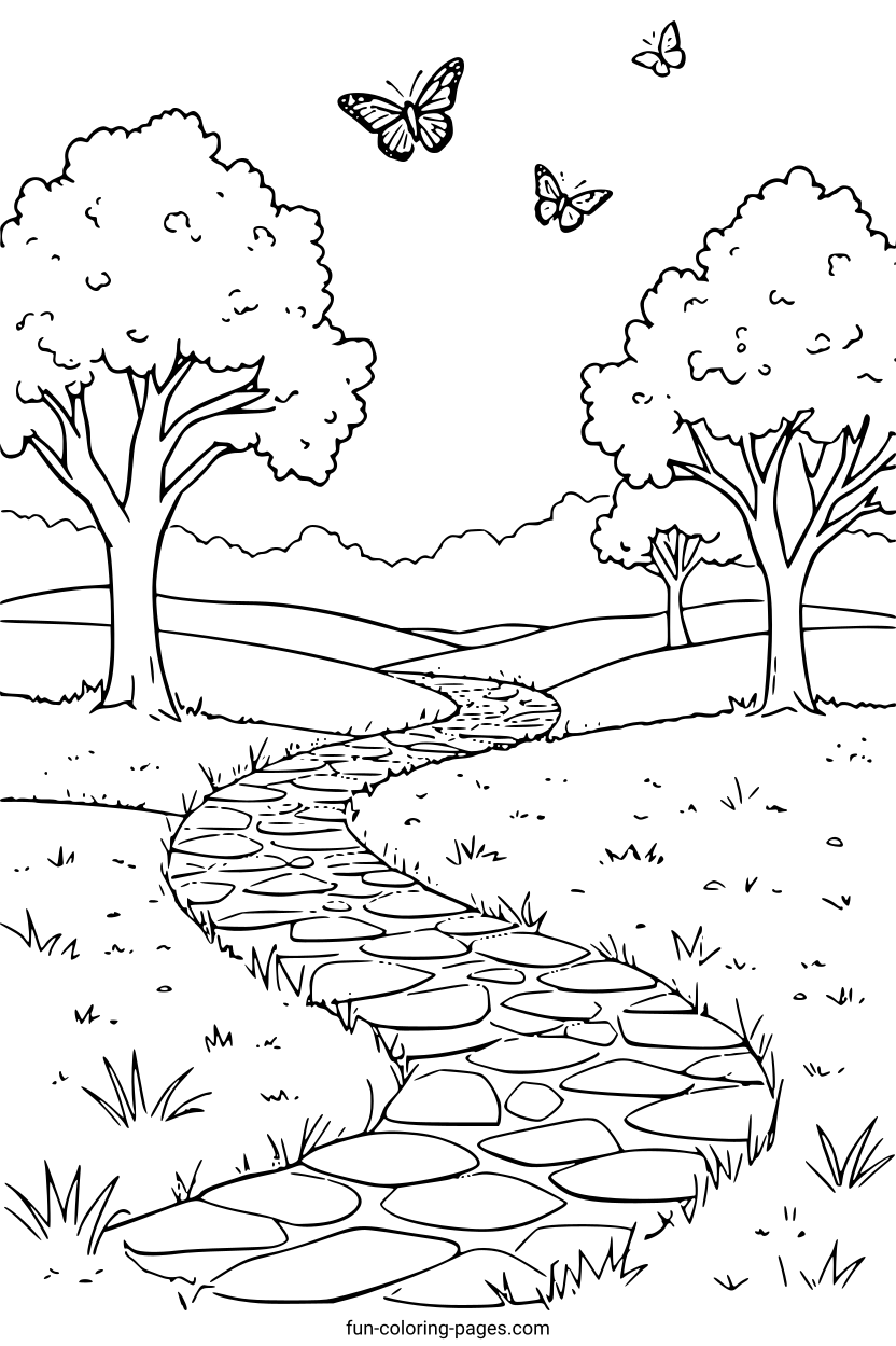 Stone Path Through the Meadow – free printable coloring page, available as PDF and SVG
