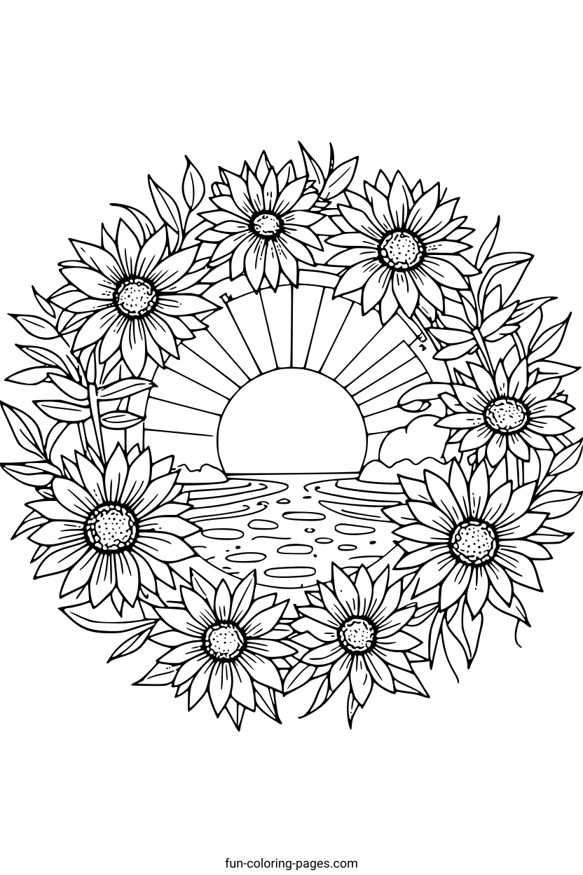 Sunrise with Daisies – free printable coloring page, available as PDF and SVG