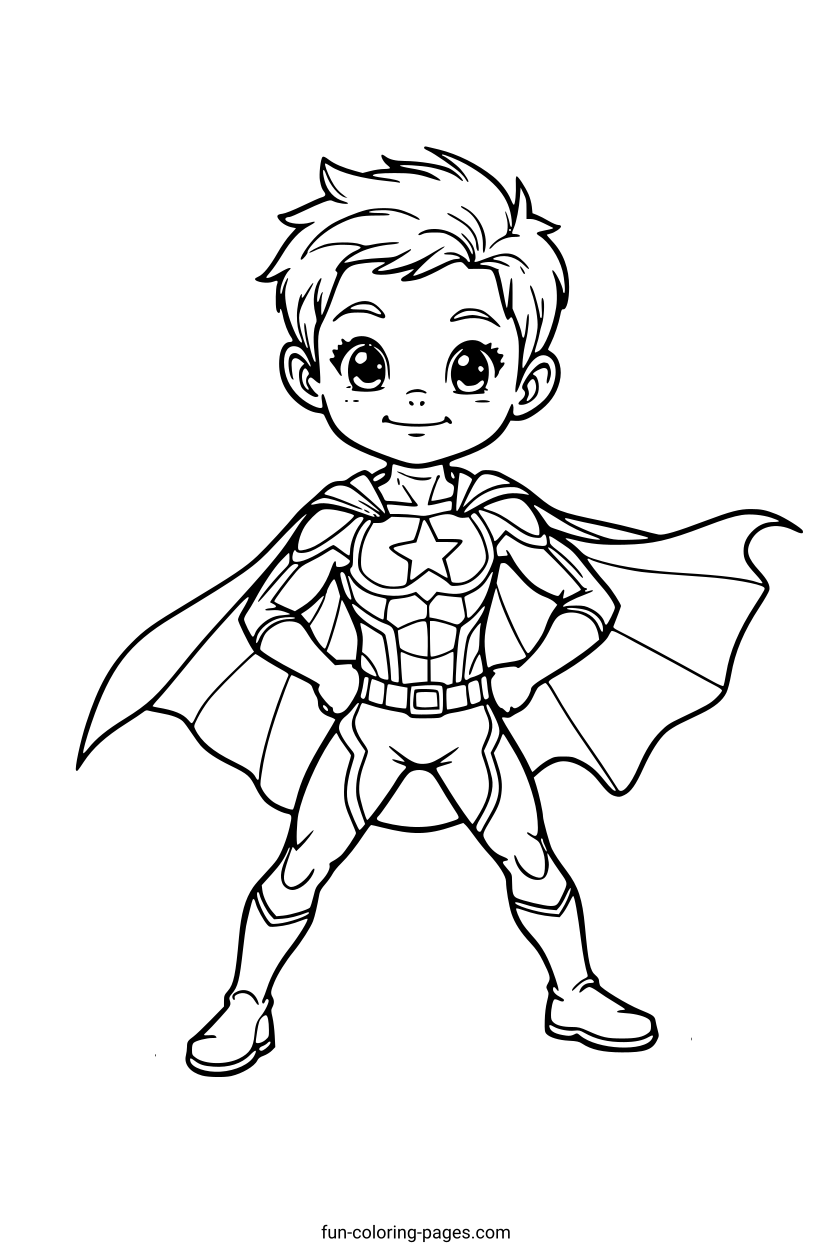 Superhero Kid with Cape – free printable coloring page, available as PDF and SVG