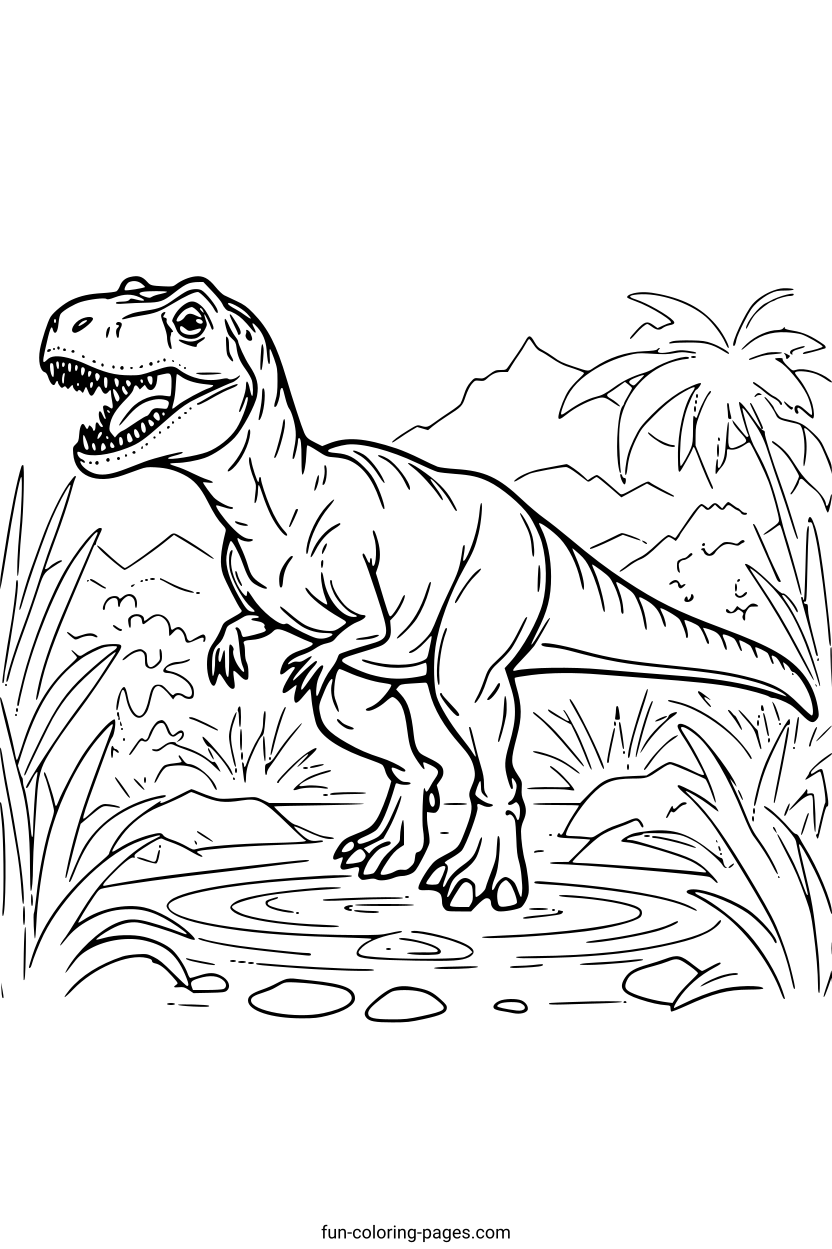 T-Rex in Jungle Scene – free printable coloring page, available as PDF and SVG