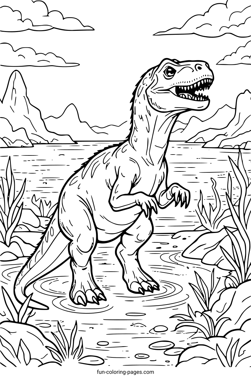 T-Rex in Swamp Landscape – free printable coloring page, available as PDF and SVG