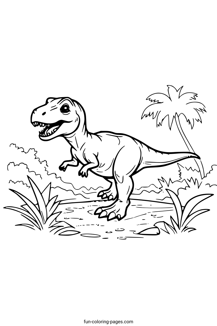 T-Rex in the Jungle – free printable coloring page, available as PDF and SVG