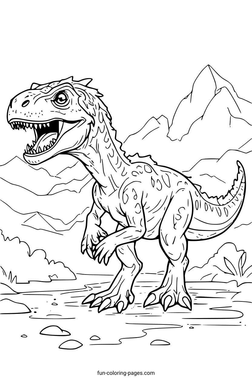 T-Rex Roaring in Mountains – free printable coloring page, available as PDF and SVG