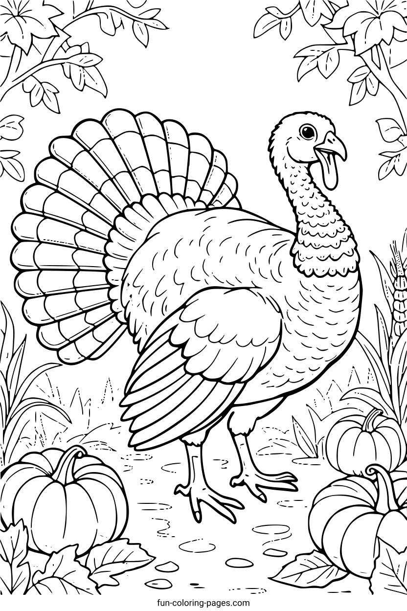 Thanksgiving Turkey with Pumpkins – free printable coloring page, available as PDF and SVG