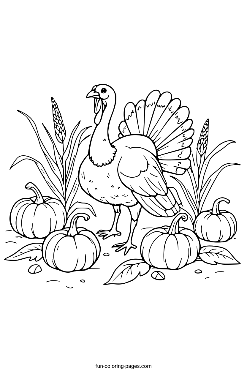 Thanksgiving Turkey with Pumpkins – free printable coloring page, available as PDF and SVG