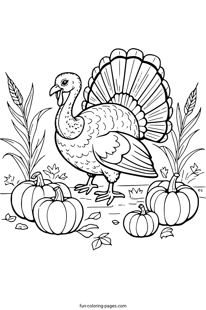 Thanksgiving Turkey with Pumpkins – free printable coloring page, available as PDF and SVG