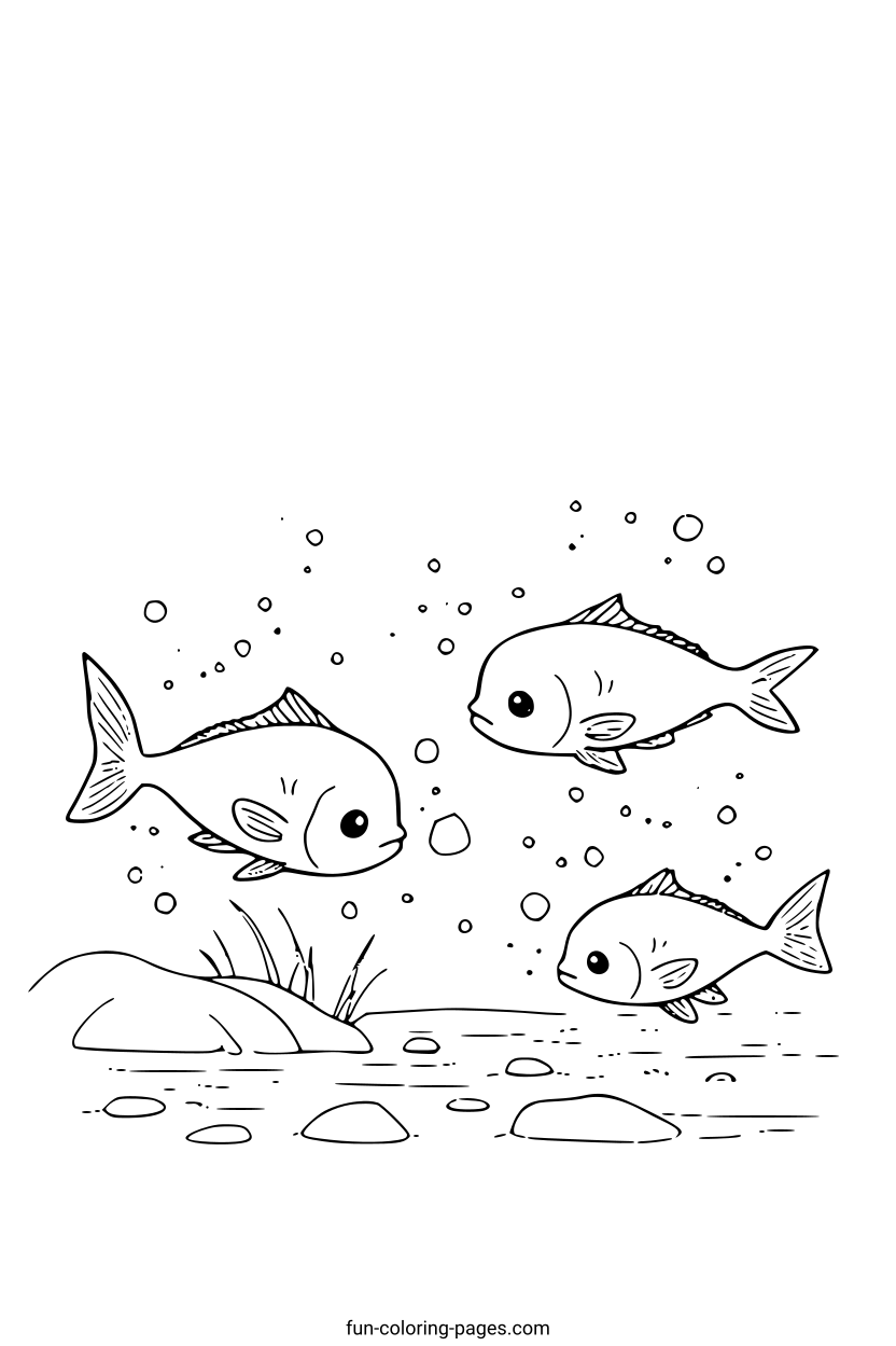 Three Fish Swimming Underwater – free printable coloring page, available as PDF and SVG