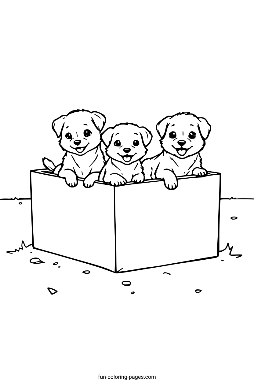 Three Smiling Puppies in a Box – free printable coloring page, available as PDF and SVG