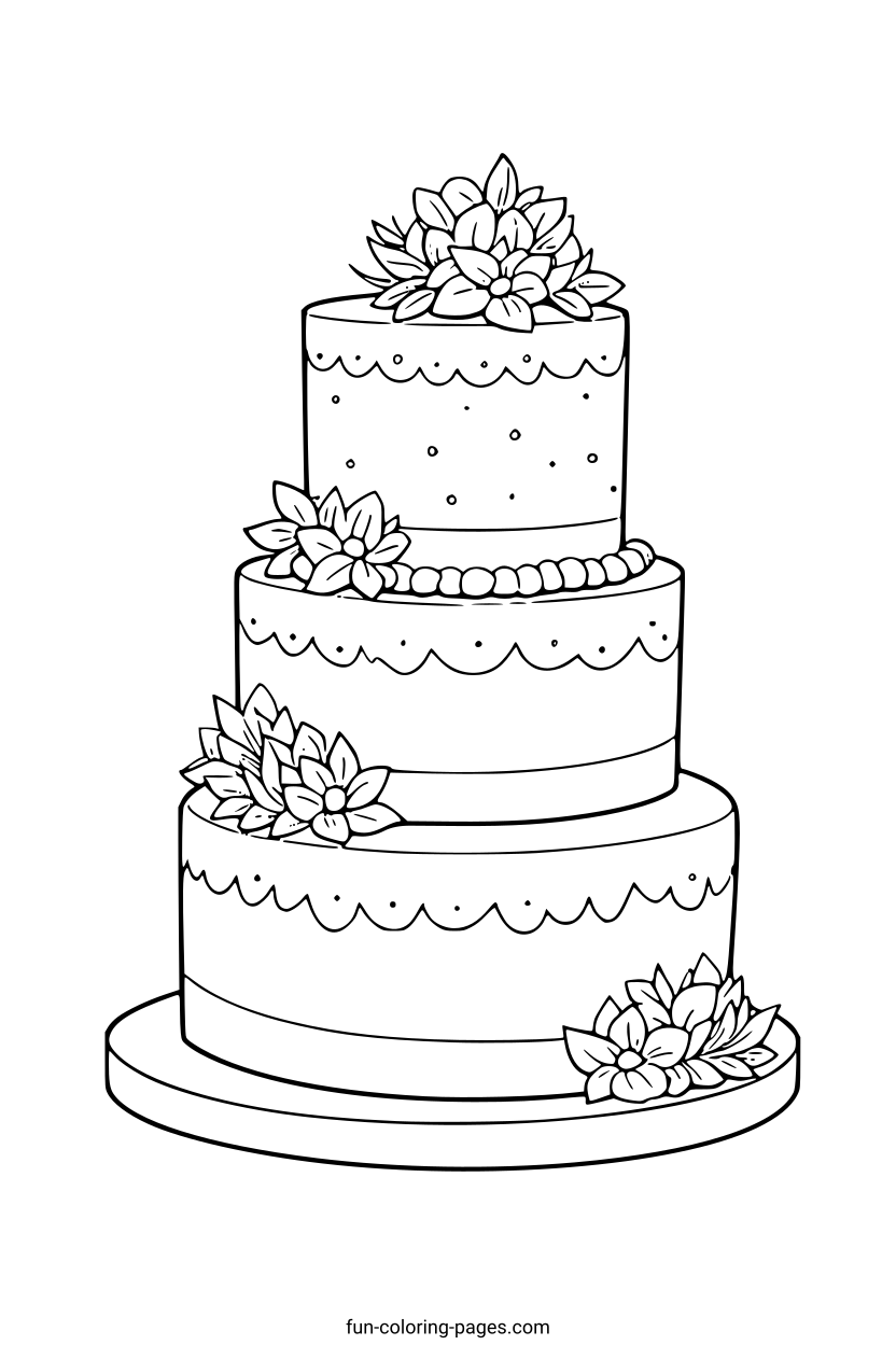 Three Tier Cake with Floral Decorations – free printable coloring page, available as PDF and SVG