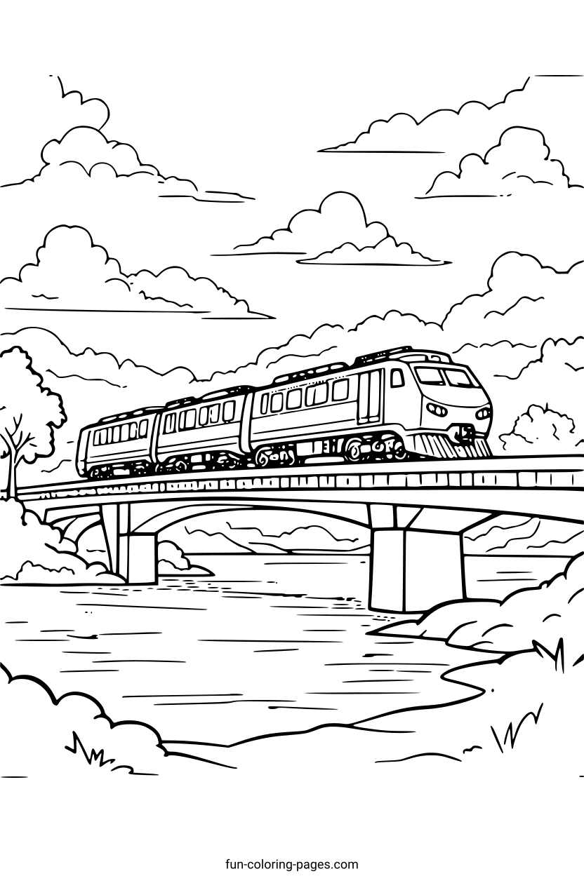 Train Crossing a Bridge – free printable coloring page, available as PDF and SVG