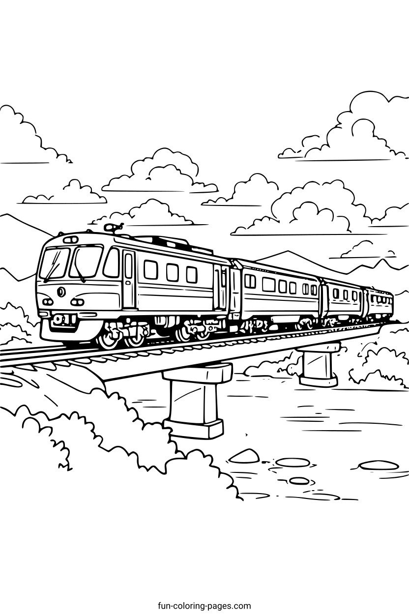 Train Crossing a Bridge – free printable coloring page, available as PDF and SVG