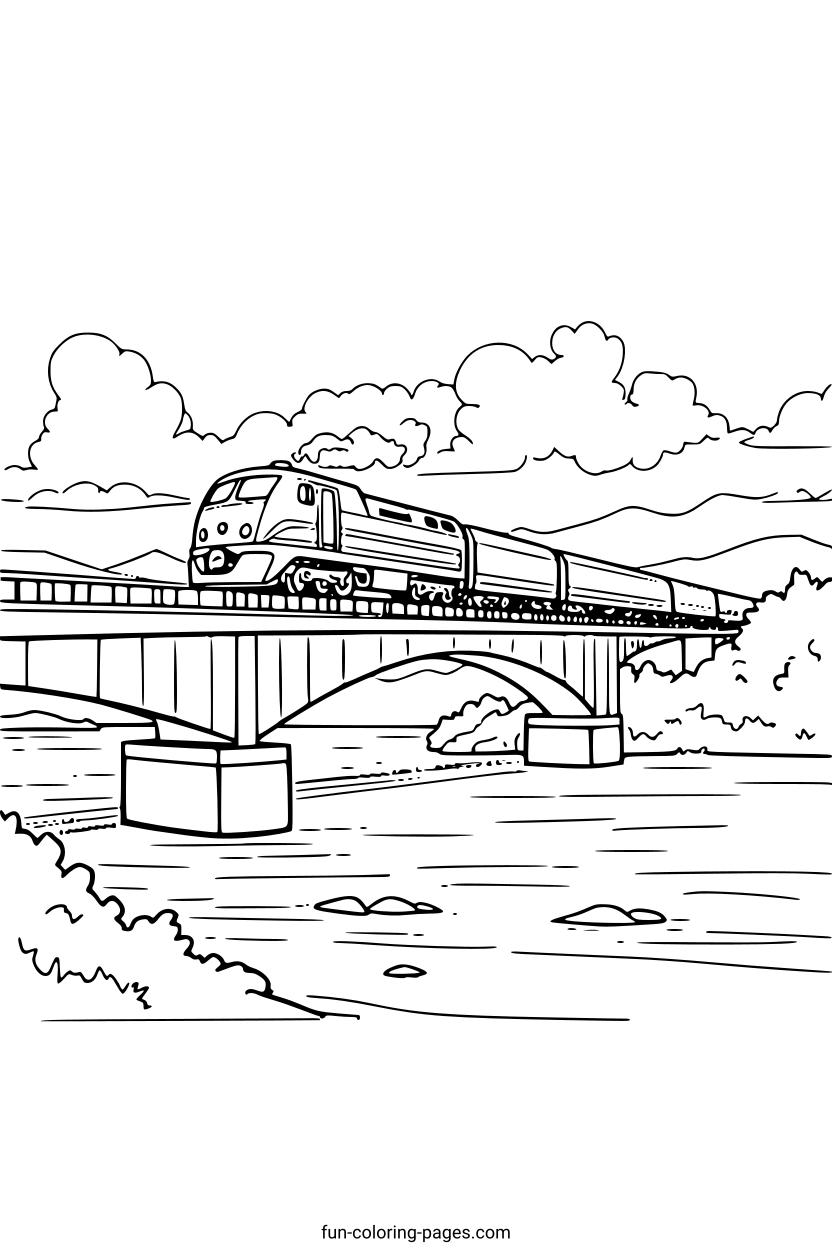Train Crossing Bridge – free printable coloring page, available as PDF and SVG
