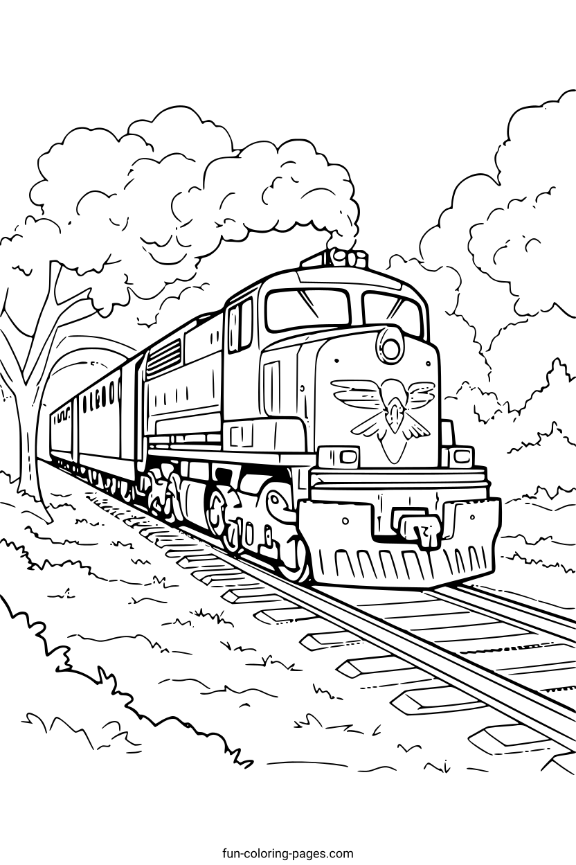 Train Journey Through the Forest – free printable coloring page, available as PDF and SVG