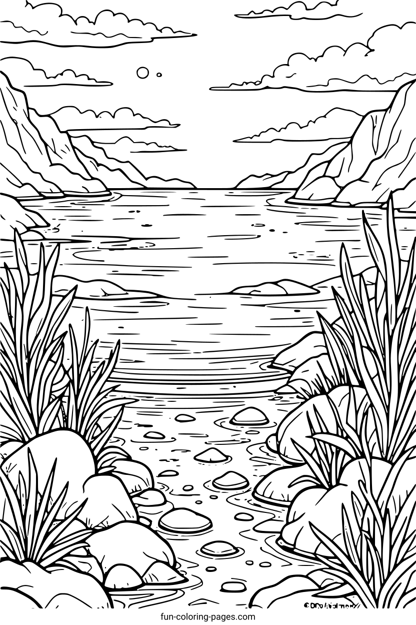 Tranquil Lakeside Shore – free printable coloring page, available as PDF and SVG