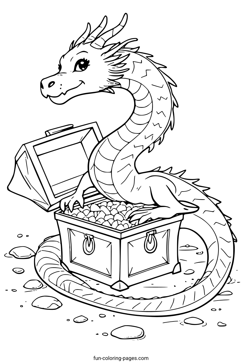 Treasure-Guarding Dragon – free printable coloring page, available as PDF and SVG