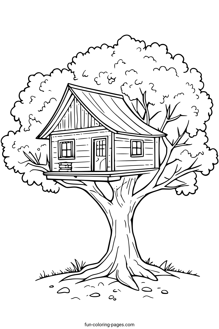 Treehouse in the Forest – free printable coloring page, available as PDF and SVG
