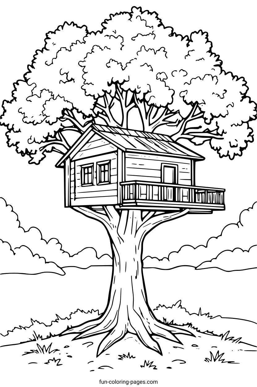Treehouse in the Forest – free printable coloring page, available as PDF and SVG