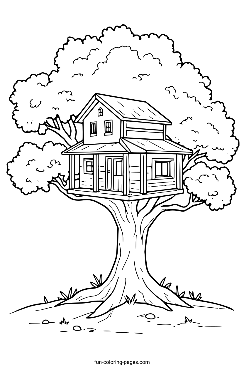 Treehouse in the Forest – free printable coloring page, available as PDF and SVG
