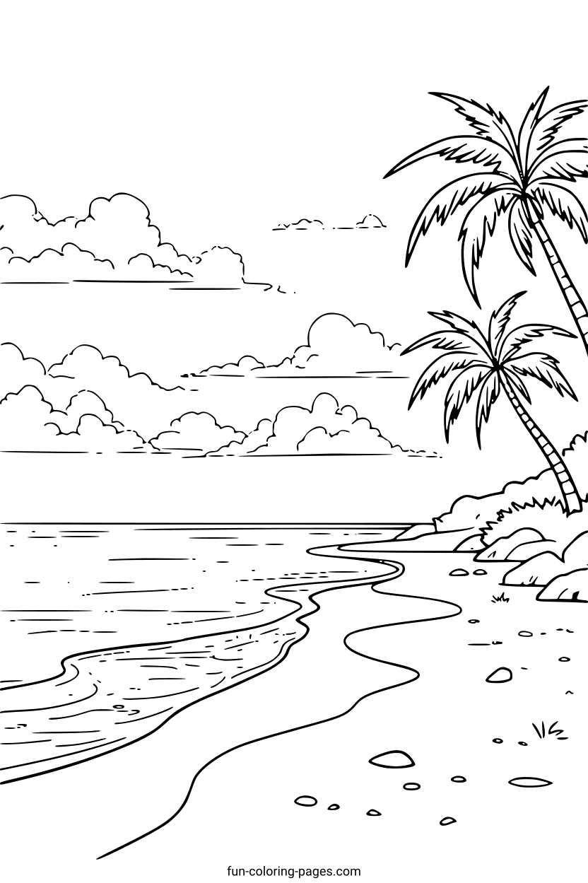 Tropical Beach Scenery – free printable coloring page, available as PDF and SVG